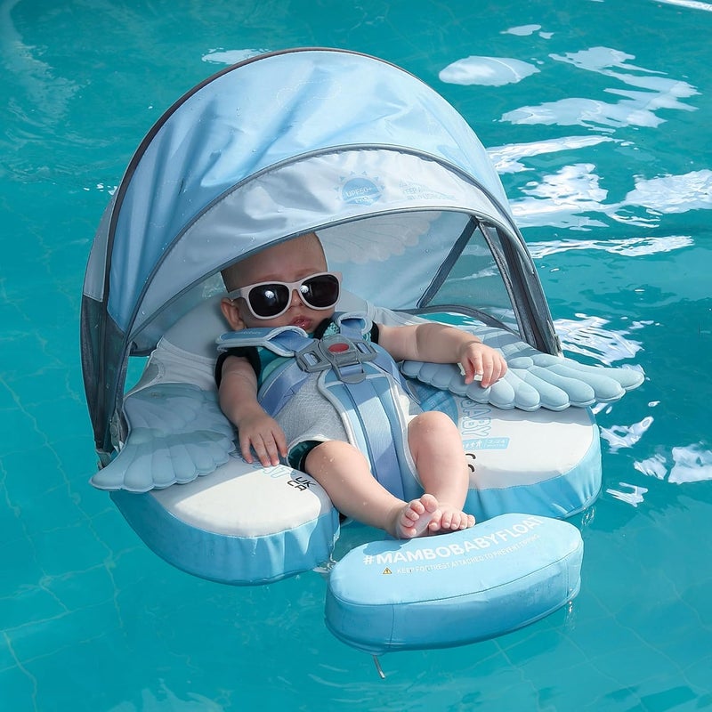 AnjeeIOT Mambobaby Float with Canopy Baby Float Non-Inflatable Baby Pool Float Solid Swimming Float Upgraded Add Tail Never Flip Over for Infant 3-24 Months, Angel Blue - Image 1